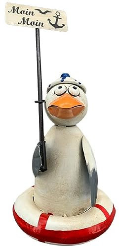 ETC lustiger Zaunhocker Möwe mit Mütze im Schwimmring Metall bemalt Verschiedene Motive zur Auswahl als Maritime Deko (weiß mit Schild Moin Moin)