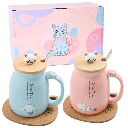 Thuro Lot de 2 tasses à café en céramique de chat avec couvercle et cuillère Pour les amoureux des chats Pour Anniversaire Saint Valentin cadeaux de Noël,Nouvelle Année,450ml