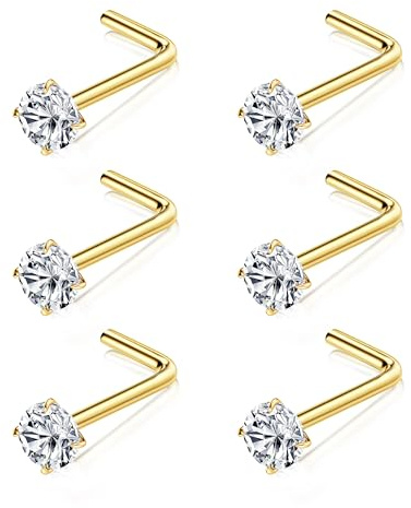 Chriscoco Titanio G23 Piercing Naso L-Forma 18G/20G Brillantino 3mm Cubico Zirconcio - Argento e Oro