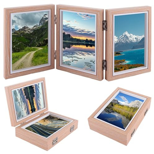 DAJAVE Bilderrahmen Collage Holz 10x15cm Bilderrahmen 3 Bilder, Klappbar Bilderrahmen 3er, Bilderrahmen Collage für 3 Fotos, Faltbar Bilder 6x4 Zoll Photo für Hochzeit, Familie, Baby, Hellbraun