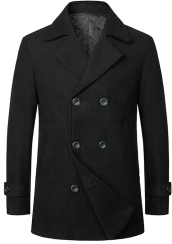 HOOD CREW Men’s Thick Trench Coat Double Breasted Overcoat Mid Length Warm Coat
