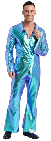ranrann Discodräkt för män, sparkdräkt, metallisk kostym, halloweendräkt, S-4XL