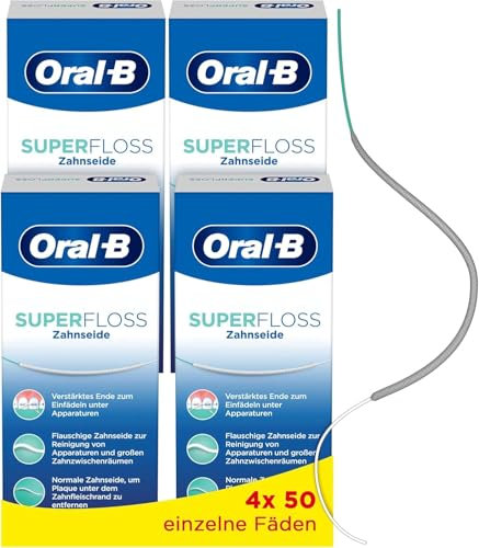 Oral-B Super Floss Zahnseide, Brücken und breite Zahnzwischenräume, 4x 50 vorgeschnittene Fäden,Weiss