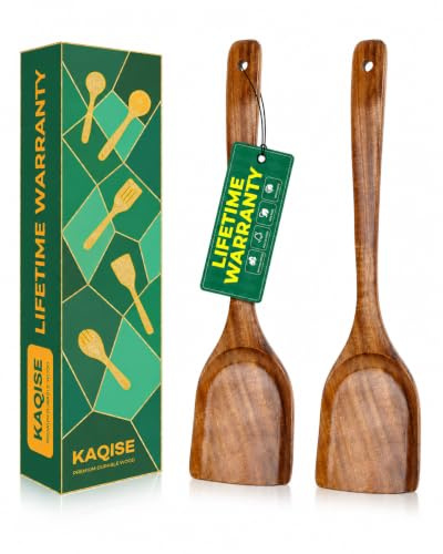 Handgjorda träspatlar för matlagning, naturliga teakträredskap, slät finish trä platt matlagningsspatel vändare set (2 st)