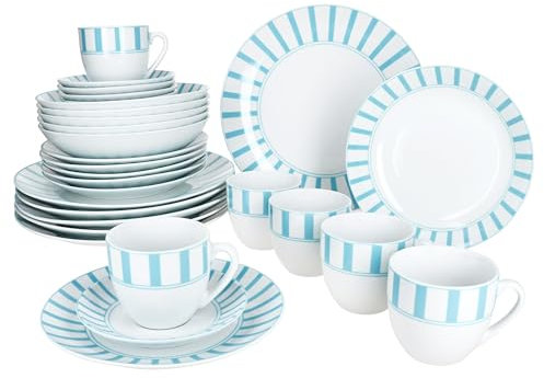 MamboCat Split Service combiné 30 pièces turquoise I Service de table en porcelaine blanche avec rayures pour 6 personnes I 6 tasses, soucoupes, assiettes à gâteau, assiettes creuses et assiettes