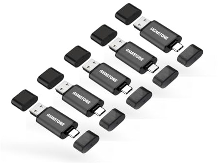 GIGASTONE 64GB Dual USB Flash Drive 5-Pack, USB 3.2 Gen 1, 2-in-1 USB C+A, Speed Up to 100MB/s, Head Cap Design Thumb Drive, Plug & Play for Smartphone/PC/Mac/TV/Car Audio, USB 2.0/3.0/3.1 Compatible