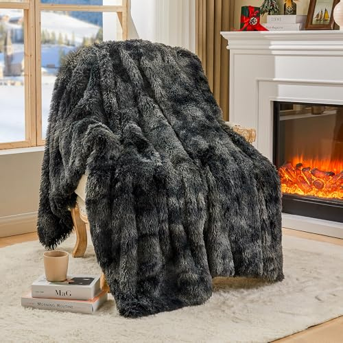 EMME Faux Kuscheldecke Flauschig, 150 x 200 cm, Felldecke, Pelz Wolldecke, Wohndecke, Super Weich, Plüschig, Warme Gemütliche Fleecedecke, Dicke, Elegant, Überwurf Für Sofa und Bett, Tie Dye Schwarz