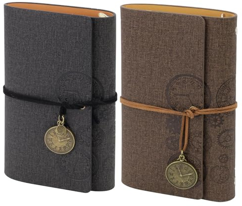 Yitexin 2 Pièces Carnet de Voyage Vintage A6 en Cuir PU, Journal à Spirale Rechargeable de 6 Trous, Carnet de Notes Intime avec Pages Lignées, Blanches, à Grilles et en Papier Kraft (160 Pages)