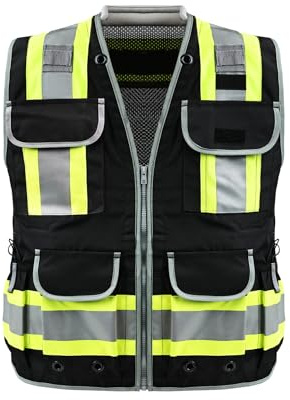 LOHASWORK Safety Vest, Hi Vis Reflective Vests with Pockets, Class 2 High Visibility Vests, ANSI/ISEA Standards, Construction Surveyor Work Vest for Men Women(Black, S/M)