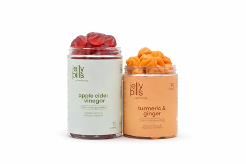 Jelly Pills Pack Digestion & Bien-être Articulaire – Curcuma + Gingembre & Vinaigre de Cidre avec Chrome – 70 + 70 Gummies Véganes – Sans sucres ajoutés – Saveur Orange et Pomme