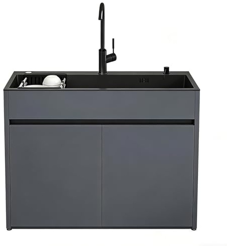Meuble Évier avec Vasque en Acier Inoxydable Noir pour Buanderie et Garage, armoire de rangement en aluminium alvéolaire avec robinet, distributeur de savon et panier amovible, étanche et réglable