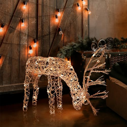 Alpine Corporation 24 Tall Outdoor Rattan Grazing Reindeer Lawn Decoration with White LED Lights, Indoor/Outdoor Christmas Holiday Yard Decor Garden Display