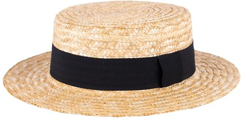 ZAKIRA Classic Straw Boater Hat Handmade from Natural Straw (Black Band, L)