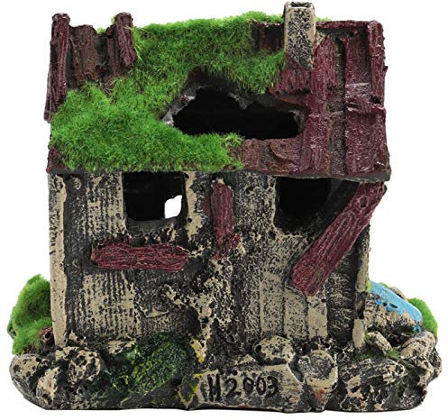 Garosa Aquarium Ornament für Fische und Garnelen - altes Haus mit Nest, Beflockung, Höhle und Moos