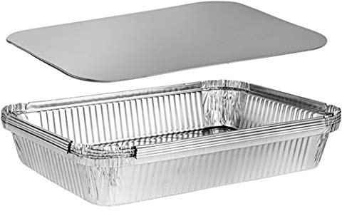 PLASTICPRO Disposable 4 LB Aluminum Takeout Tin Foil Oblong Baking Pans 12'' X 8'' X 2'' Inch With Cardboard Lids - Brownies, Bread, or Lunchbox, Pack of 5