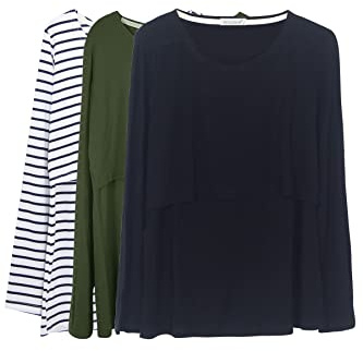 Smallshow Mujer Top Camiseta Premamá Lactancia De Manga Larga 3 Pack,Army Green/Black/White Stripe,M