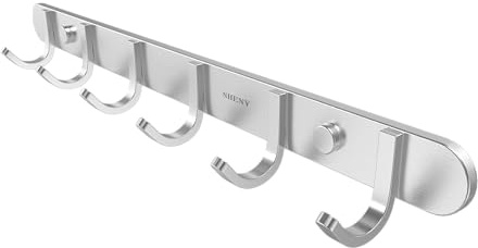 Coat Hook Wall Mount - NHENY Towel Rack with 6 Hooks Hanger for Hanging Clothes, Bags, Keys, and Towels Bathroom, Entryway, Door, 304 Stainless Steel Brushed Nickel