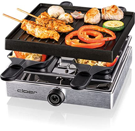 Cloer 6454 Raclette gril avec plaque en aluminium moulé sous pression, 4 poêlons à raclette antiadhésifs, spatule en plastique, emplacement de stationnement non chauffé, 750 vatios, aluminium