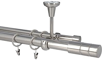 HDTL Gardinenstange Vorhangstange 25/19mm 2-läufig Deckenmontage Edelstahl Optik 180 cm Gaja