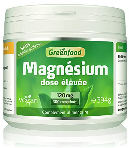 Greenfood Magnésium, 120 mg, dose élevée, 300 comprimés - pour à un métabolisme énergétique normal.Sans additifs artificiels. Sans OGM. Sans gluten. Sans lactose. Vegan.