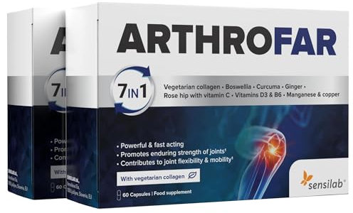Arthrose - Kollagen, Vitamin C, Vitamin D3 und B6, Hyaluronsäure, Ingwer, Kurkuma Kapseln - Knochen, Sehnen, Muskeln - 120 Kapseln für 60 Tage - Sensilab ArthroFar