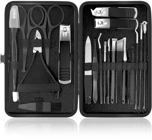 Manicure Set 21 Pcs Professional Pedicure Kit Nail Clippers Set Stainless Steel Care Tools Grooming Kit With Travel Case Cuticle Remover Toe Toenail Cutter Set For Thick Nails Men Women Gift (Black)