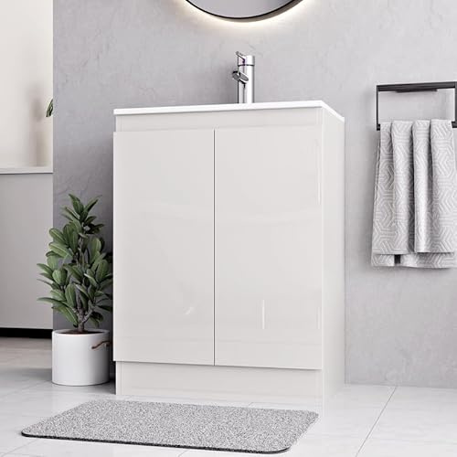 BELOFAY Denvor White 600mm Floor Standing Bathroom Vanity Unit With Basin - Laquered Cloakroom Vanity Unit with 1 Tap Hole Ceramic Basin and Soft Close Hinges. (WASTE INCLUDED)