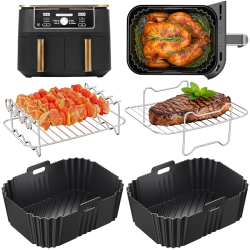 HONYAO Airfryer Silikonform Tillbehör för Dubbel Zon Luftfritös, 8 st Varmluftsfritös Fooditillbehör Grillgaller kompatibel med Ninja Foodi 7,6L-9,5L, Cosori 8,5L-10L, andral Dual Air Fryer