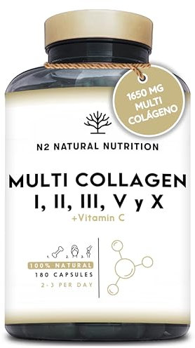 Multi Colágeno Hidrolizado Puro 1650mg + Vitamina C 53mg. Colágeno Tipo I, II, III, V y X. Favorece la Salud de Piel, Cabello, Huesos y Articulaciones. 180 capsulas. N2 Natural Nutrition.