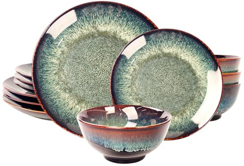 jinsongdafa Dinner Set 12 Pieces - Round Reactive Glaze Tableware - Kitchen Dinnerware Porcelain Crockery with Dinner Plate, Bowl and Soup Plate Service for 4, Microwave Dishwasher Safe, Set (No.2)
