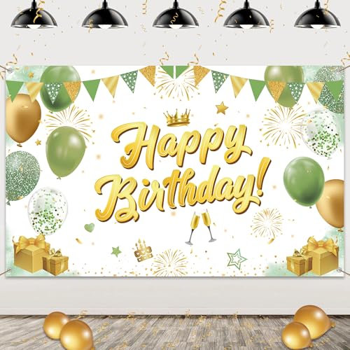 Happy Birthday Banner für Frauen Männer – Geburtstagsdeko Grün Gold Geburtstagsbanner Fotografie Backdrop, Hintergrund für Kinder Mädchen Jungen Geburtstag Baby Shower Partyzubehör 110 × 180cm