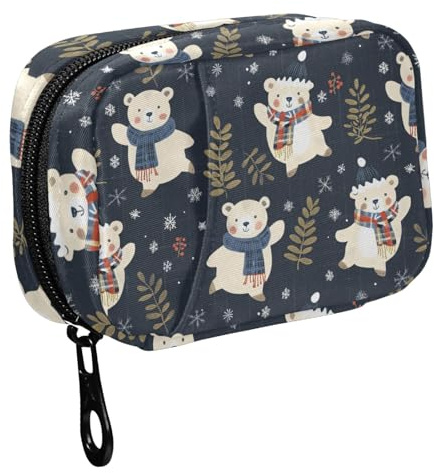 Fustylead Pillendose mit weihnachtlichem Aufdruck Happy Bears Over Blue Plaid Checked for Purse, Weekly Portable Pill Box with Zipper to Storage Vitamins Fish Oils Medications Supplements