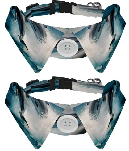 Dog Collars Bow Tie with Bell, 2 Pcs Dolphin Jumping Sea Pet Collar with Shirt Collar, Adjustable Pet Collars for Small Dogs Cats Kitten