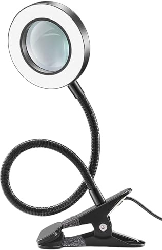 Comioke Lampe Loupe, Lampe de Bureau avec Loupe 5X, 3 Couleurs 10 Luminosité, Lumière Dimmable avec Pince et Bras Pivotant, pour Lecture, Réparation, Artisanat (Noir)