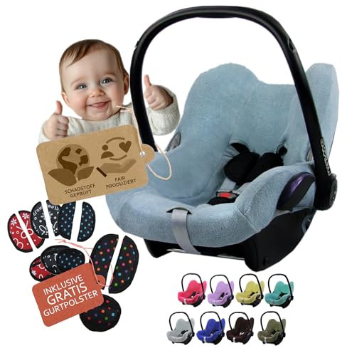 Frottee Sommerbezug [Schonbezug für Babyschale] Autositz kompatibel mit Maxi Cosi Cabrio Fix + GRATIS Gurtpolster (blau-grau)