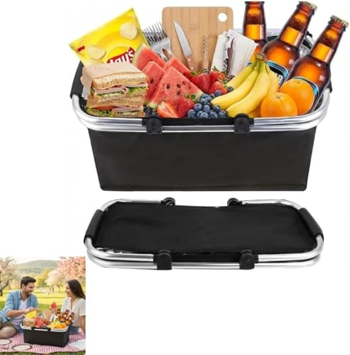 Shoppingkorg, hopvikbar, termisk som picknickkorg, kylbox bärbar med vadderade handtag, bärkorg, för resor, picknick, shopping, 47 liter, 1 st (svart)