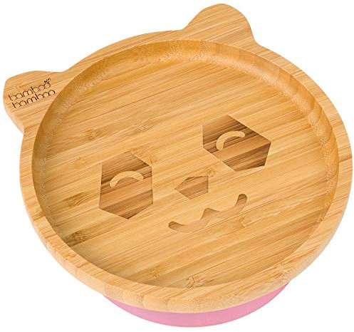 Plato de Bambú para Bebés con Sistema de Succión - Plato con Sistema de Succión para Niños, Plato de Bambú No Tóxico y Natural que Se Mantiene Frío al Tacto para el Baby-Led Weaning (Panda) Rosa