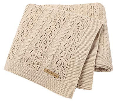 DovFanny Baby Blanket Cotton Cable Knitted Cellular Cozy Breathable Blanket for Baby Boy and Girls 90 x 70cm Beige