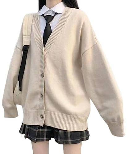Women's Japanese College Style Loose V-Neck Knitted Cardigan Female JK Jacket Japanese School Uniform Beige