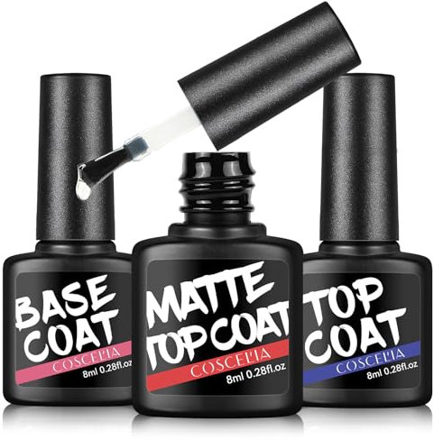Coscelia Base und Glossy & Matte Top Coat Gel Nail Set 3 x 8ml Matte No Wipe UV LED Soak Off Unterlack und Überlack Maniküre Set für Anfänger
