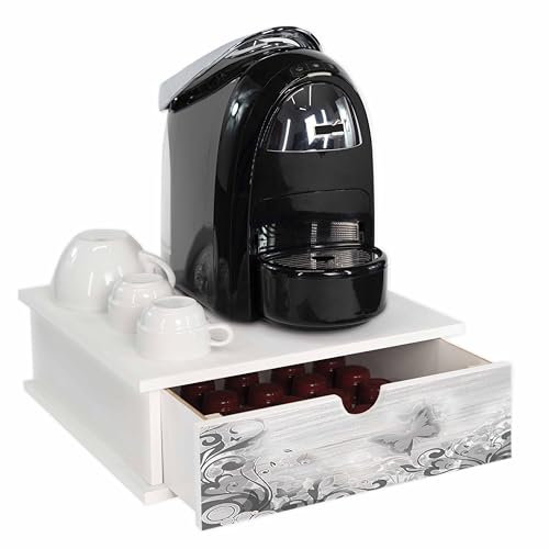Lupia - Organizer Porta Capsule Caffè in Legno, Cassetto Estraibile, Compatibile con Macchine da Caffè, Design Farfalle Bianco, 33x33 cm, White BUTTERFLY Multiuso per Cucina e Ufficio