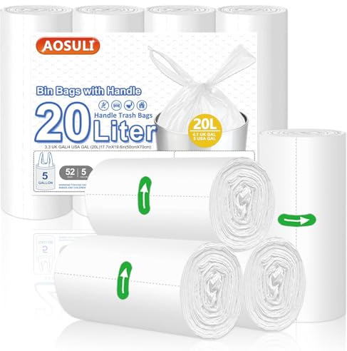 AOSULI Bin Bags 20 Liter with Tie Handles, Bathroom, 52 Count Rubbish Bags