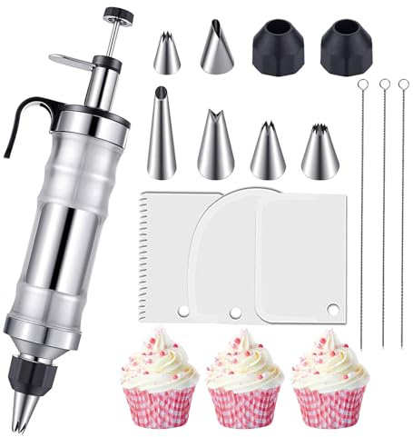 Icing Piping Gun Cake Decorating Set, 14Oz Large Piping Icing Syringe Set, Stainless Steel Frosting Baking Tools with 6 Tips 2 Couplers 3 Cake Scrapers, Piping Bags and Nozzles Set
