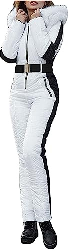 Snödräkt för kvinnor, one-piece skidoverall, vattentät, vindtät, vinter, varm one-piece skidoverall, skiddräkt, damoverall med huva för vandring, klättring, isolerad snowboard, Vitt, XL