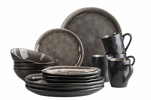 MÄSER 934073 Serie Niara Organic, modernes Geschirr Set für 4 Personen in aufregendem Vintage Look, 16-teiliges Kombiservice mit besonderer Glasurkombination in Schwarz und Braun, Steinzeug