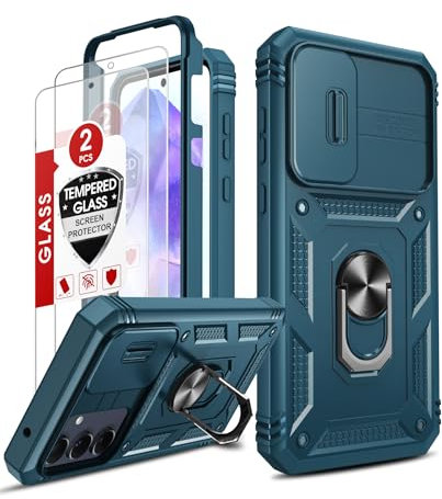 LeYi Hülle für Samsung Galaxy A55 5G Objektivschutz Handyhülle und 2 Glasfolie Schutzglas,Hybrid Schutzhülle Outdoor Ringhalterung Cover Kratzfest Kamera Schutz A 55 Case Halter Handy Hüllen Blau