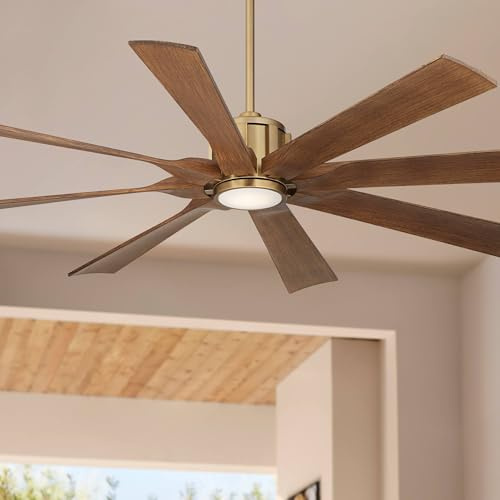 Possini Euro Design 60 Defender Modern Indoor Outdoor Ceiling Fan 8 Blade LED Light Remote Control Soft Brass Finish Motor Brown Koa Finish Blades Bedroom Patio Living Room Damp Rated Decorative