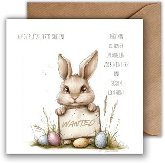 WBdesignz Osterkarte mit Umschlag - Ostern Osterhase Grußkarte Ostereier Eiersuche Spruch quadratisches Format (125 mm x 125 mm)