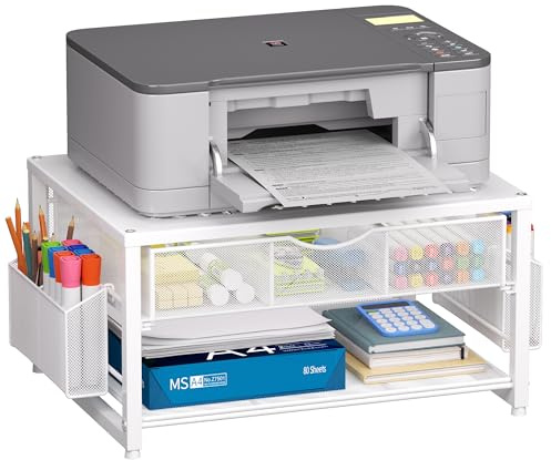 Marbrasse Schreibtisch Drucker Ständer mit Schublade,Monitorständer Multifunktionel und 2 Stiftehalter,Bürobedarf Organizer Aufbewahrung für Laptop,PC,Mac,Scanner Heim Büro(Weiß)