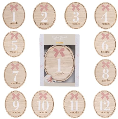 Kate & Milo Wooden Baby Monthly Milestone Discs, Oval with Pink Bows, 12-Piece Double-Sided Month Markers for Newborn Photo Props